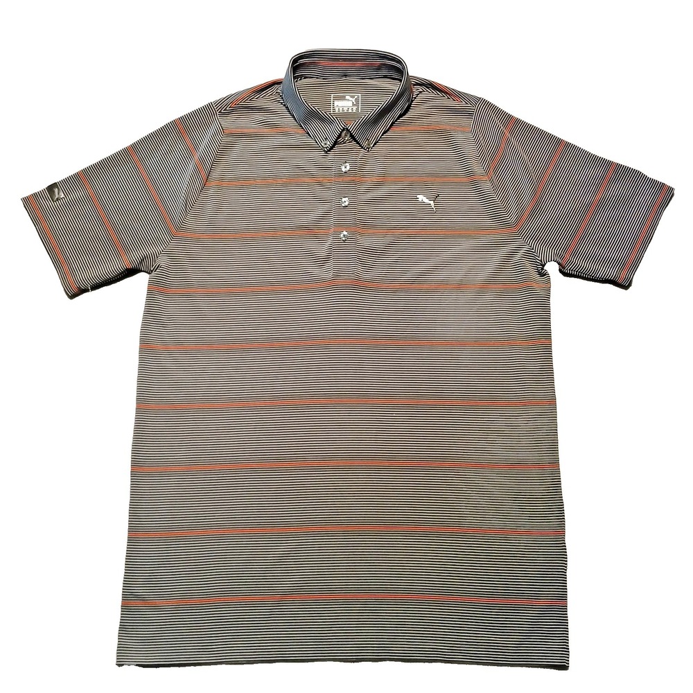 Puma Striped Short Sleeve Button Front Golf‎ Polo Shirt Men's Size M Gray